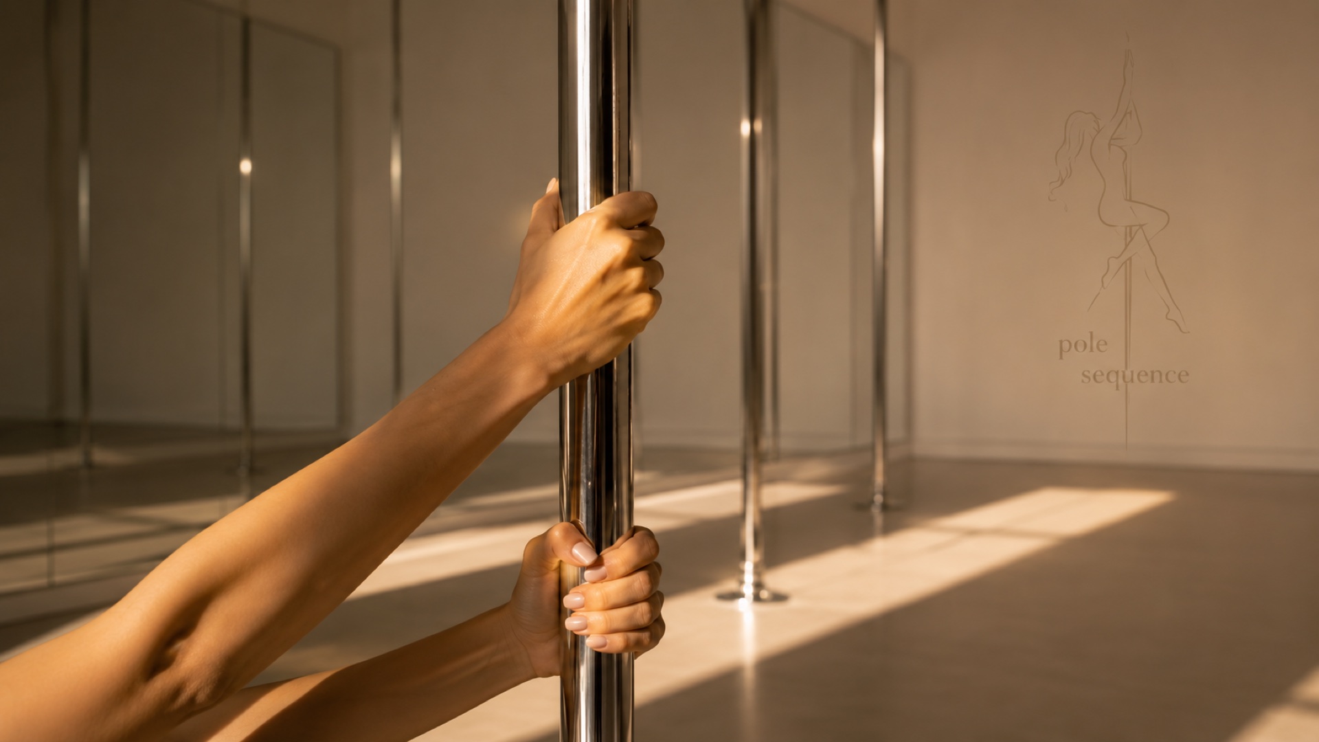 Zwei Hände greifen eine Pole im hellen Studio